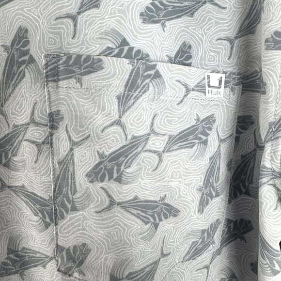 Huk Fishing Button Front Shirt 2XL Gray Fish All Over Print Short Sleeve TP-3069 - Picture 4 of 8